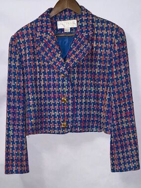 Doncaster 100% Silk Blazer, Colorful Houndstooth, Size 16